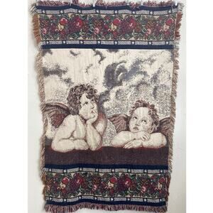 Vintage Cherub Thick Tapestry Throw Blanket Fringe Baby Angel American Weavers